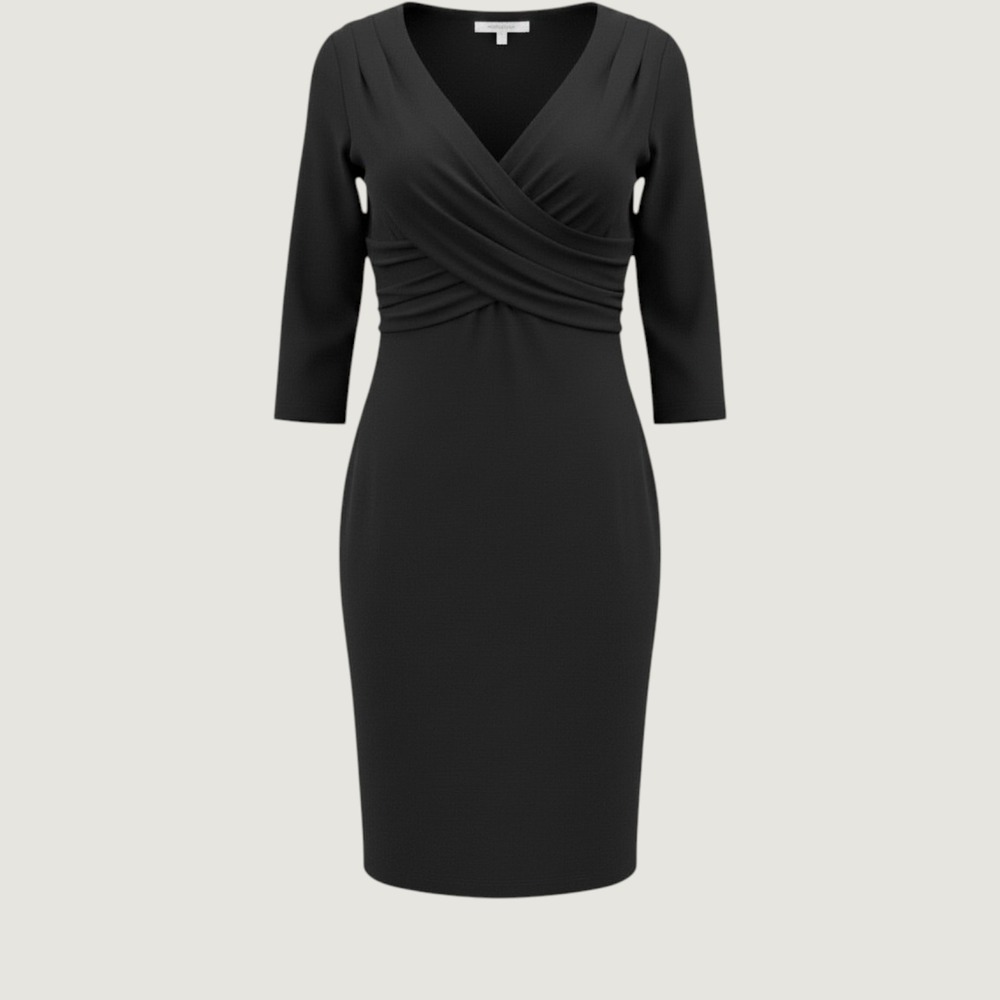 Max Mara Black Ruched Sheath Dress IT 40 US 4 3/4 Sleeve V-Neck Made‎ in Italy